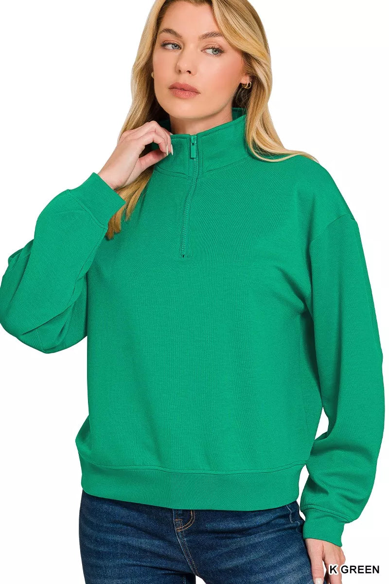 Zenana Scuba Half Zip Pullover Sweatshirt K GREEN OutfitFlow