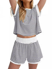 Full Size Contrast Striped T-Shirt and Shorts Set Plus Size OutfitFlow