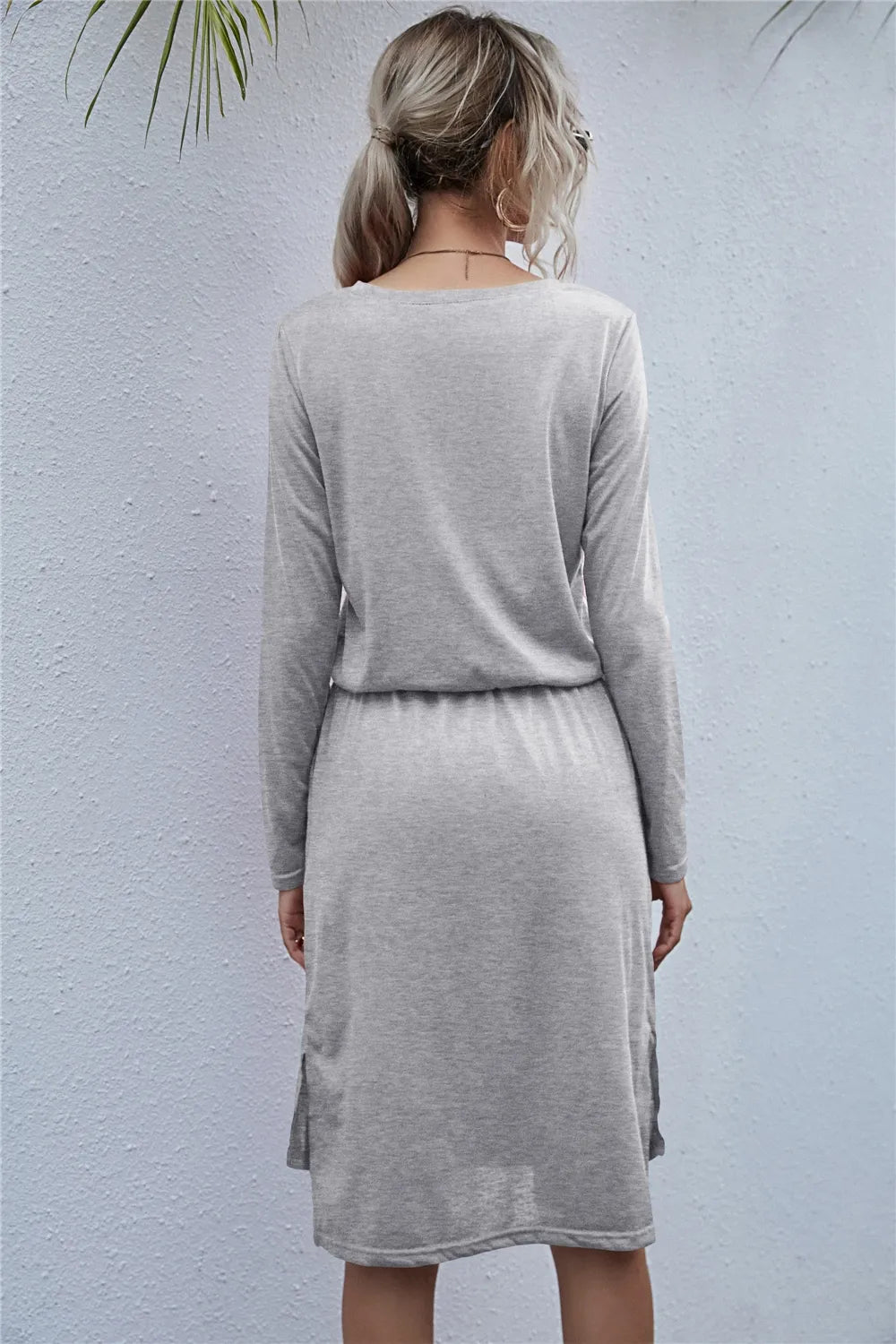 Drawstring Waist Round Neck Long Sleeve Dress OutfitFlow