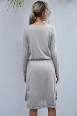 Drawstring Waist Round Neck Long Sleeve Dress OutfitFlow