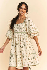 Davi & Dani Cactus Printed Poplin Contrast Piping Mini Dress OutfitFlow