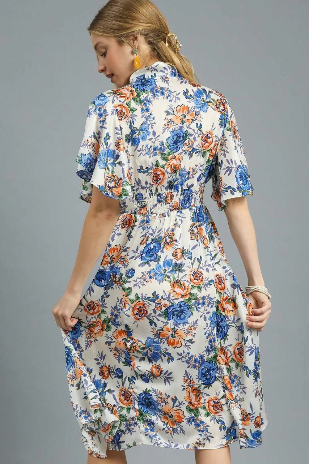 Umgee Floral Print Flutter Sleeve Dress OutfitFlow