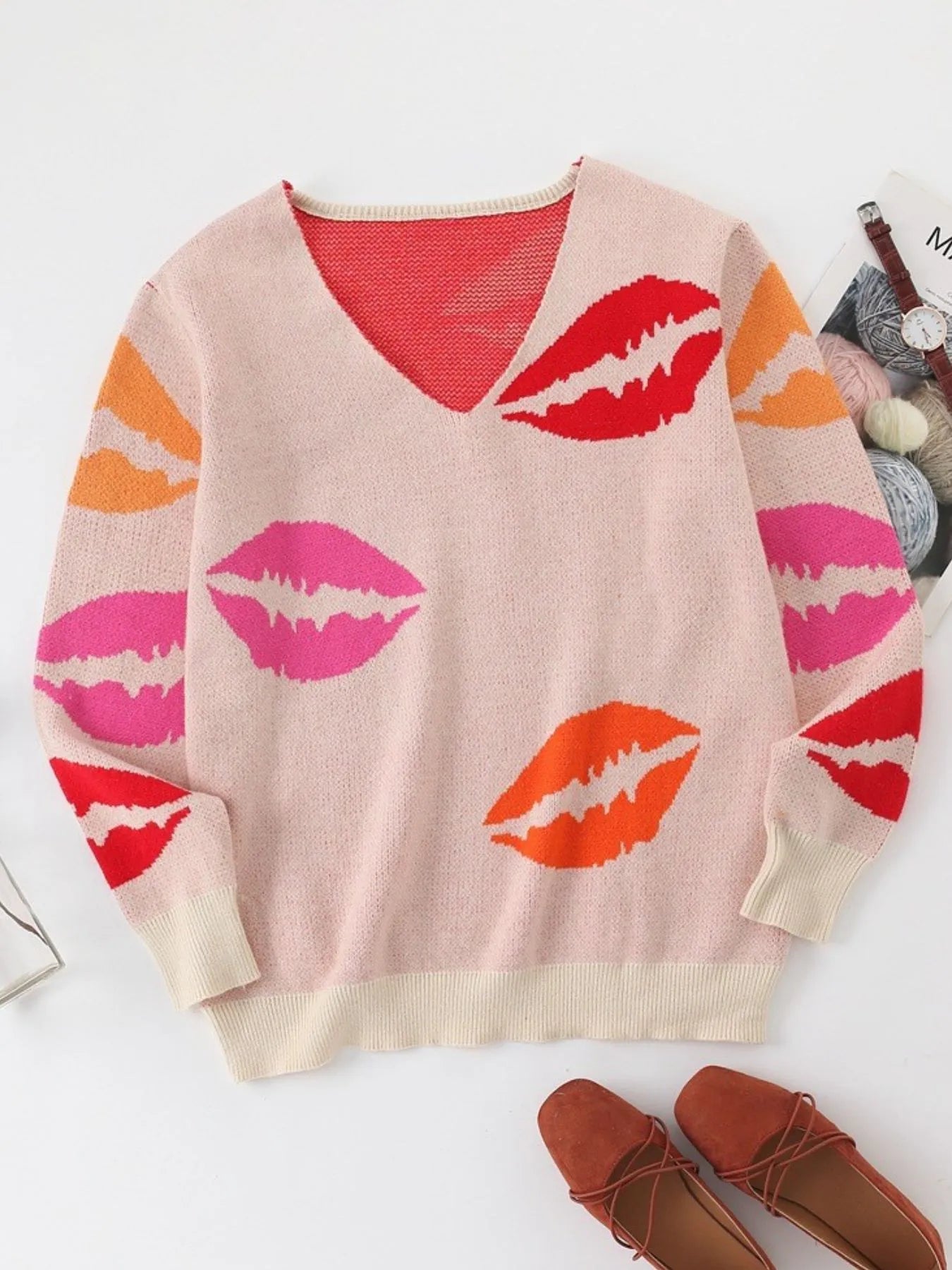 Colorful Lips V-Neck Sweater OutfitFlow