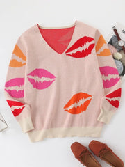 Colorful Lips V-Neck Sweater OutfitFlow