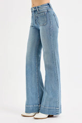 RISEN Full Size High Rise Wide Flare Patch Pocket Jeans Plus Size OutfitFlow