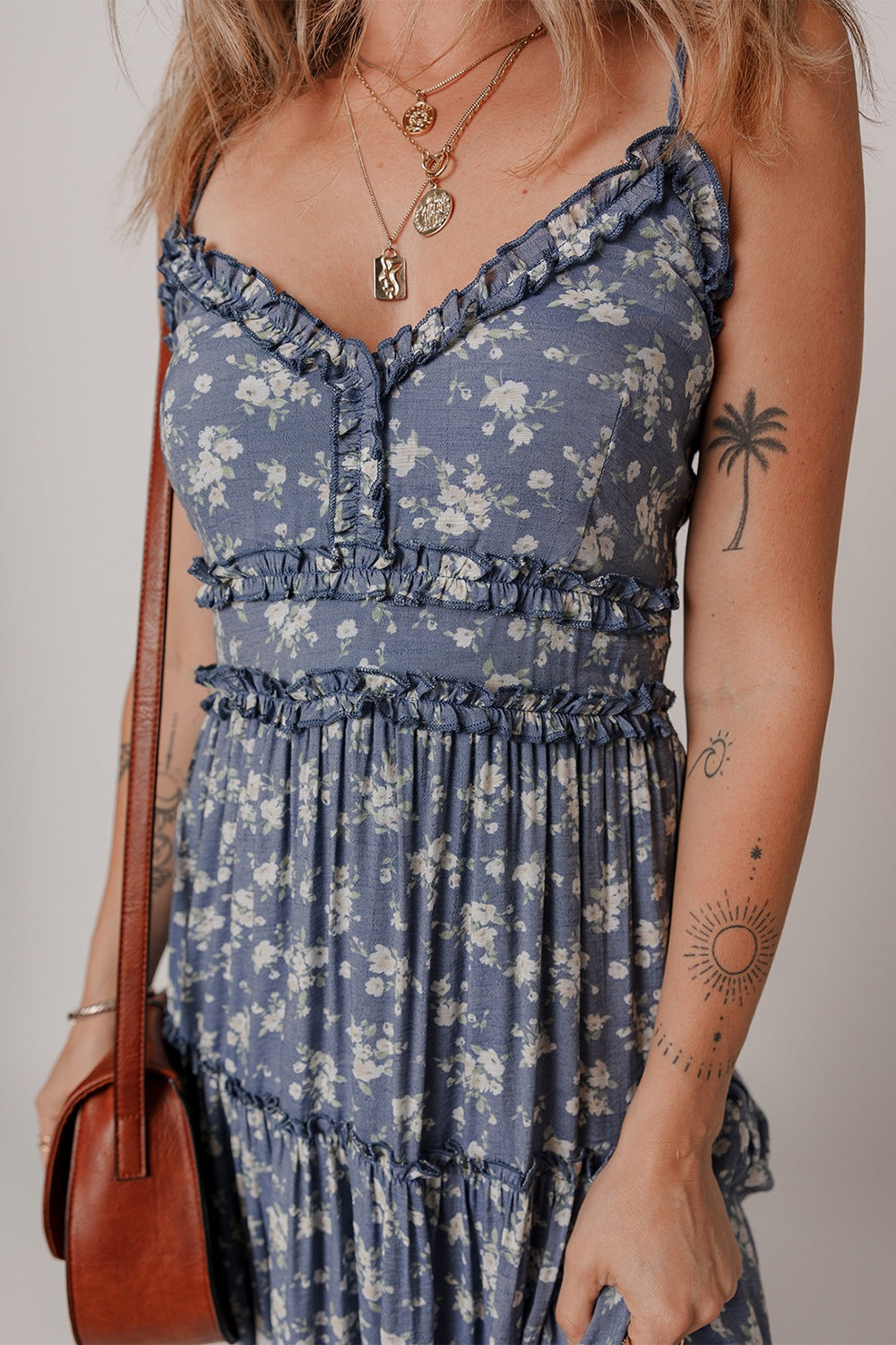 Floral Spaghetti Strap Frilled V Neck Tiered Midi Dress OutfitFlow