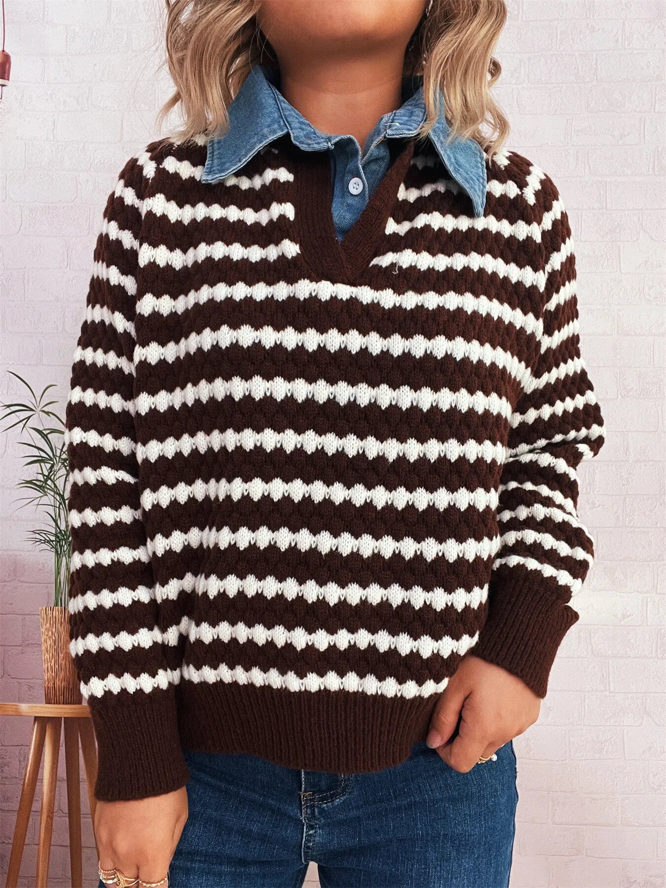 Contrast Striped Sweater with Denim Collar Brown One Size OutfitFlow