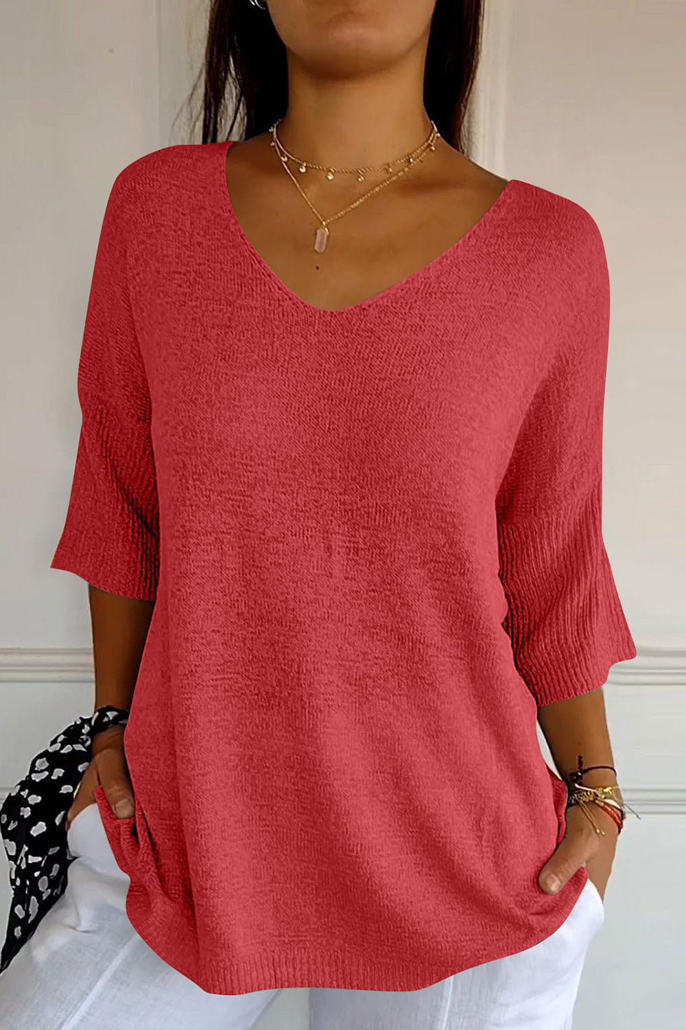 Outfit Flow - V-Neck Three-Quarter Sleeve Knit Top