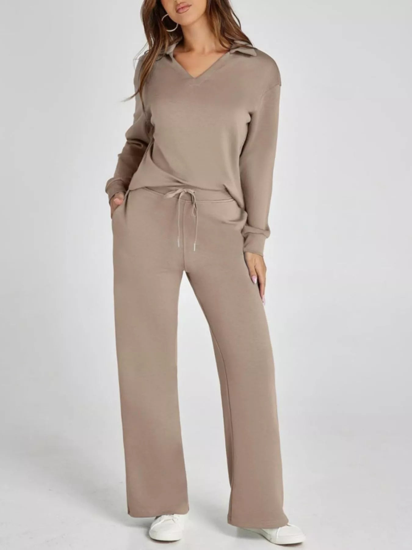 Full Size Johnny Collar Long Sleeve Top and Pants Plus Size Brown OutfitFlow