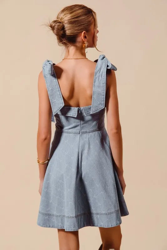 SO ME A Line Fit and Flare Diamond Bow Ribbon Denim Dres OutfitFlow