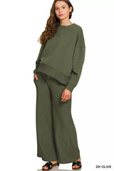 Zenana Ribbed Round Neck Pullover and Drawstring Pants Set DK OLIVE OutfitFlow
