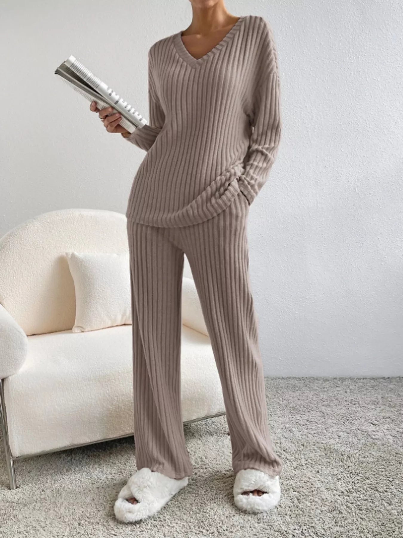 Ribbed Knit Long Sleeve Top and Pants Set Deep Khaki OutfitFlow