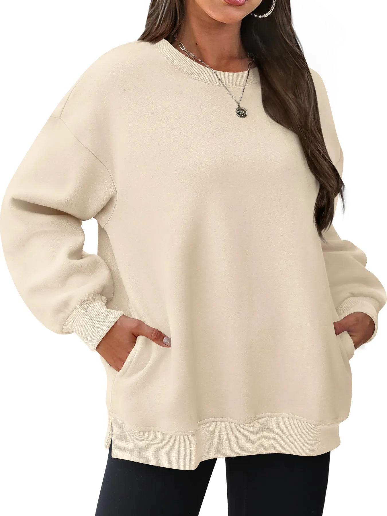 Oversized Long Sleeve Crewneck Sweatshirt Apricot OutfitFlow