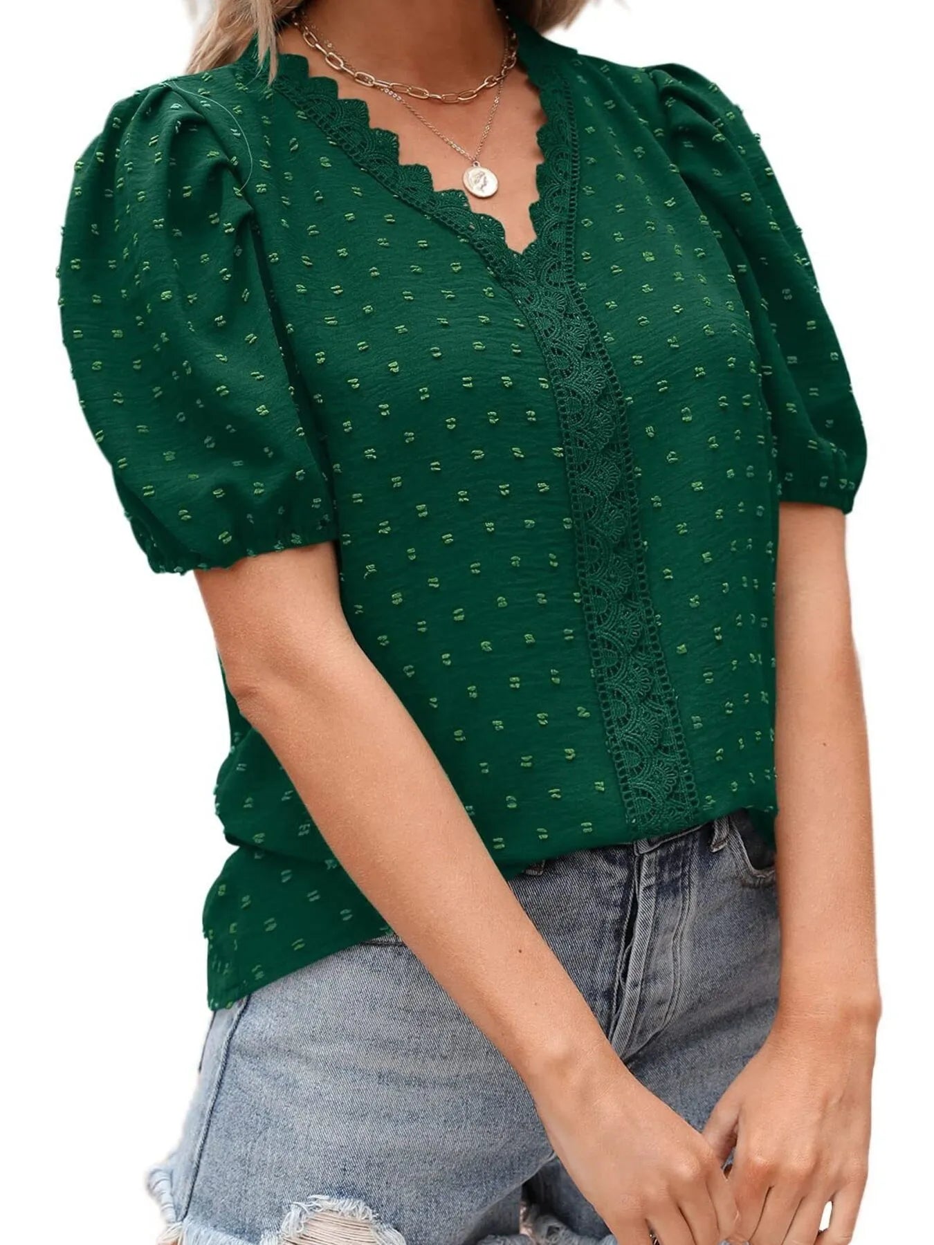 Puff Sleeve Swiss Dot Lace Trim Blouse OutfitFlow