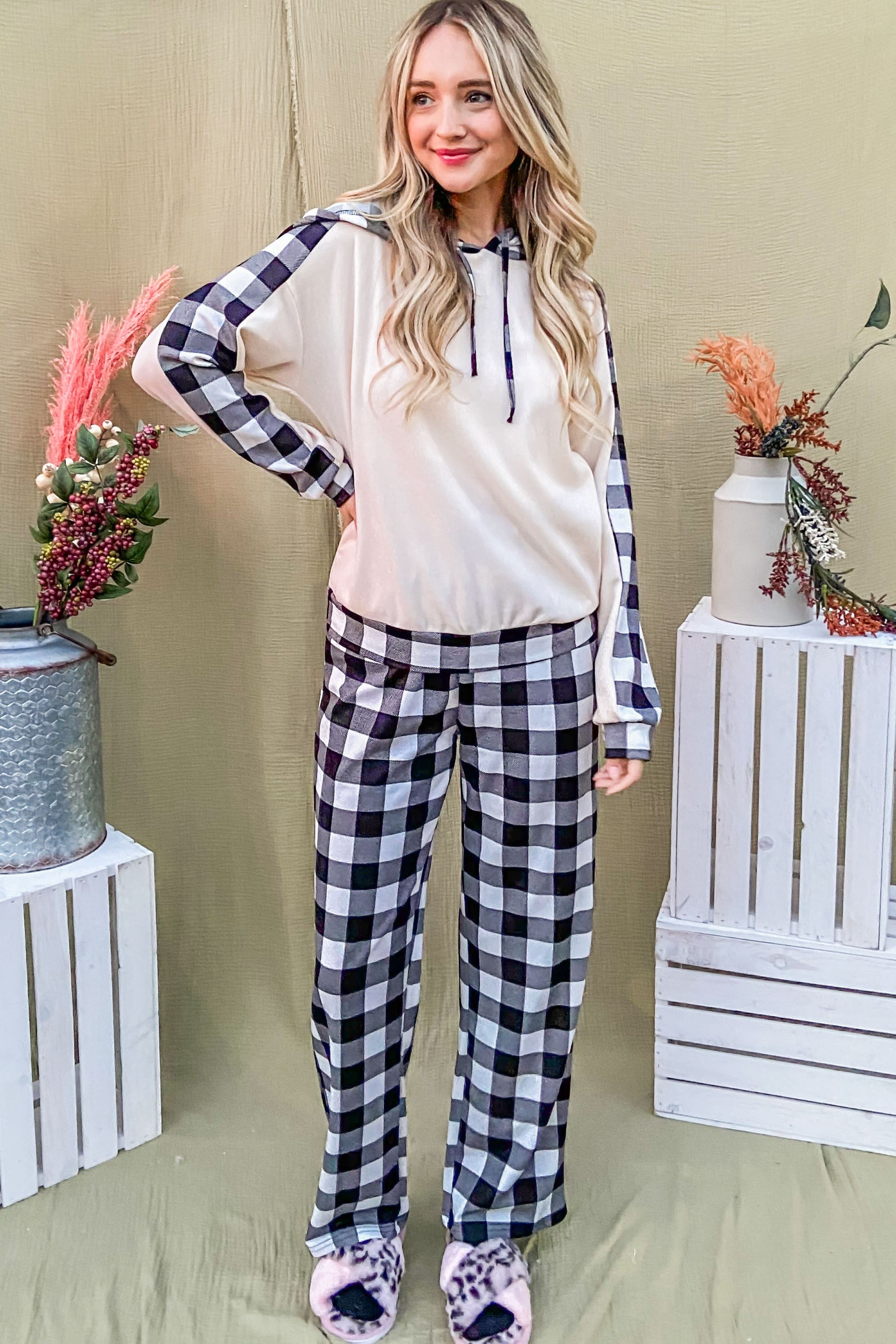 Outfit Flow - And The Why Drawstring Hooded Top and Plaid Pants Lounge Set