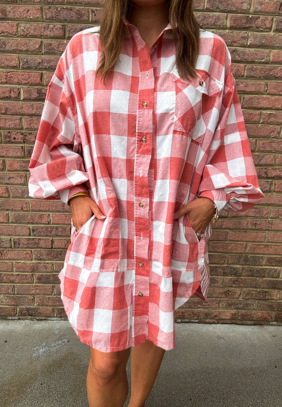 Outfit Flow - Plaid Collared Neck Long Sleeve Shirt Dress