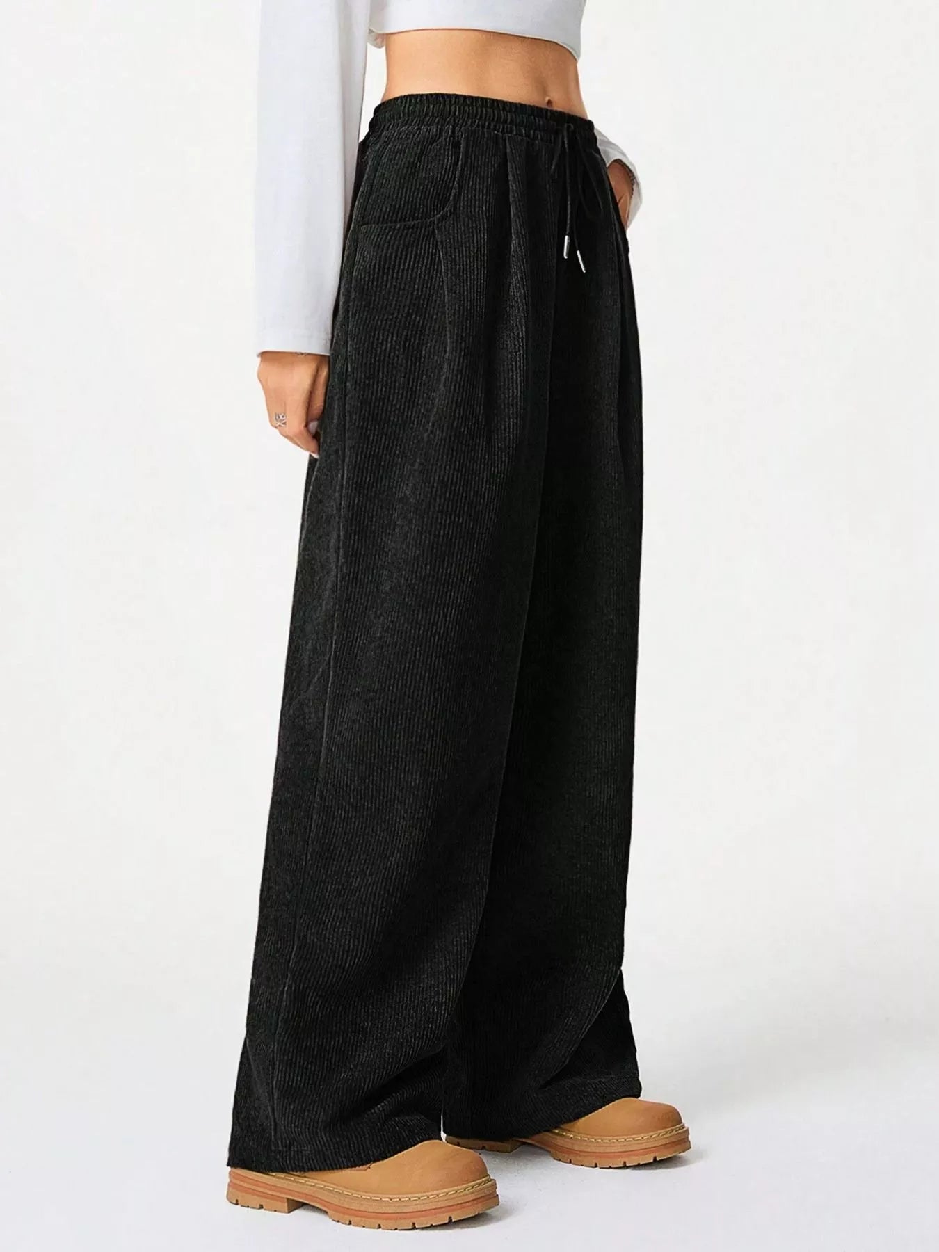 Wide Leg Corduroy Drawstring Pants OutfitFlow
