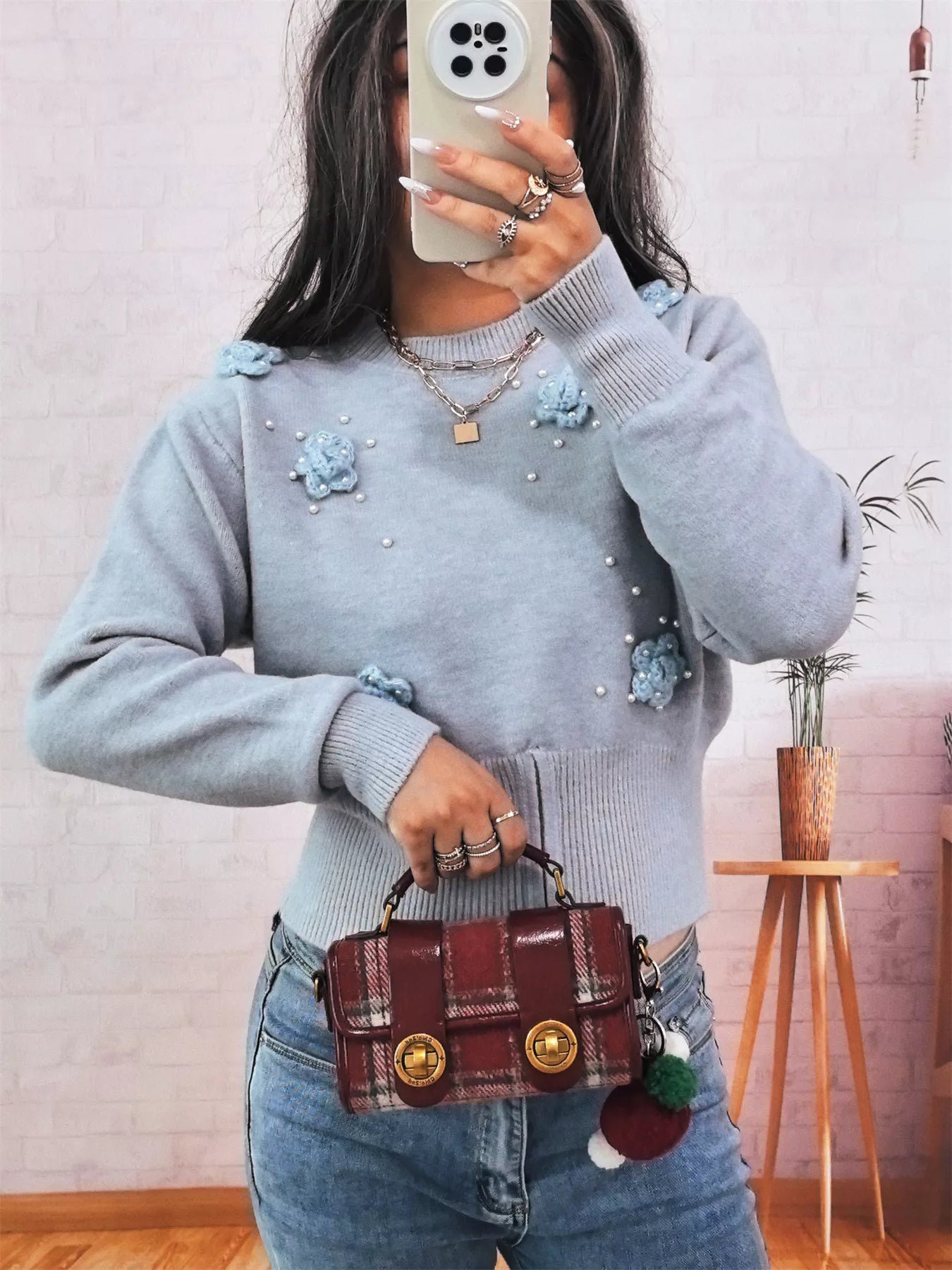 Flower Pearl Detail Ribbed Hem Sweater OutfitFlow
