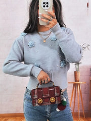 Flower Pearl Detail Ribbed Hem Sweater OutfitFlow