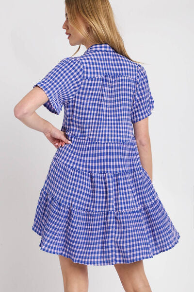 Umgee Full Size Gingham Tiered Button Detail Short Sleeve Dress Plus Size OutfitFlow