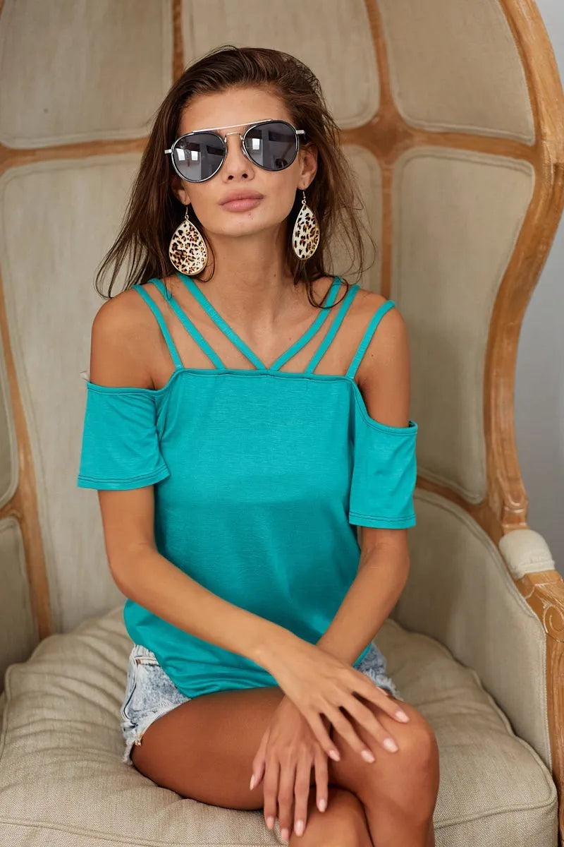 BiBi Rayon Span Jersey Lace Up Shoulder Detailed Top OutfitFlow