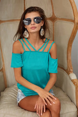 BiBi Rayon Span Jersey Lace Up Shoulder Detailed Top OutfitFlow