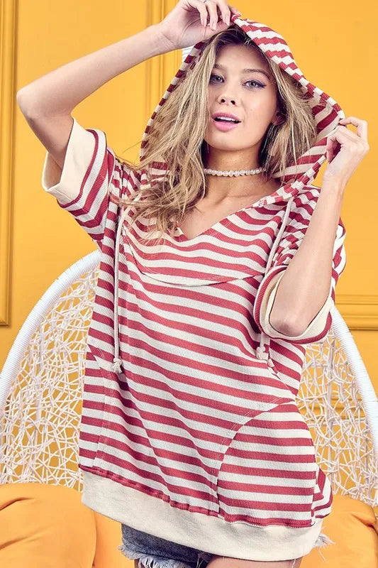 BiBi Stripe Fleece Notch Neck Short Sleeve Hoodie MARSALA CREAM OutfitFlow