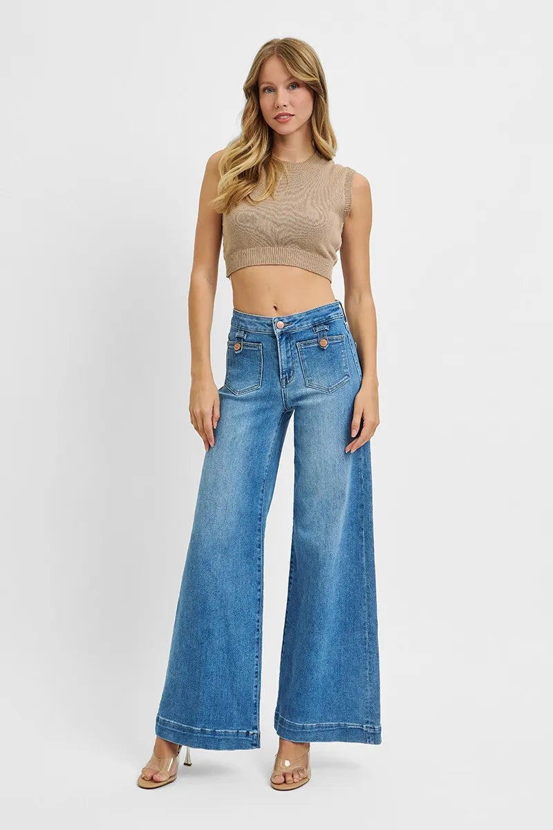 RISEN Full Size Mid Rise Wide Front Patch Pocket Jeans Plus Size OutfitFlow