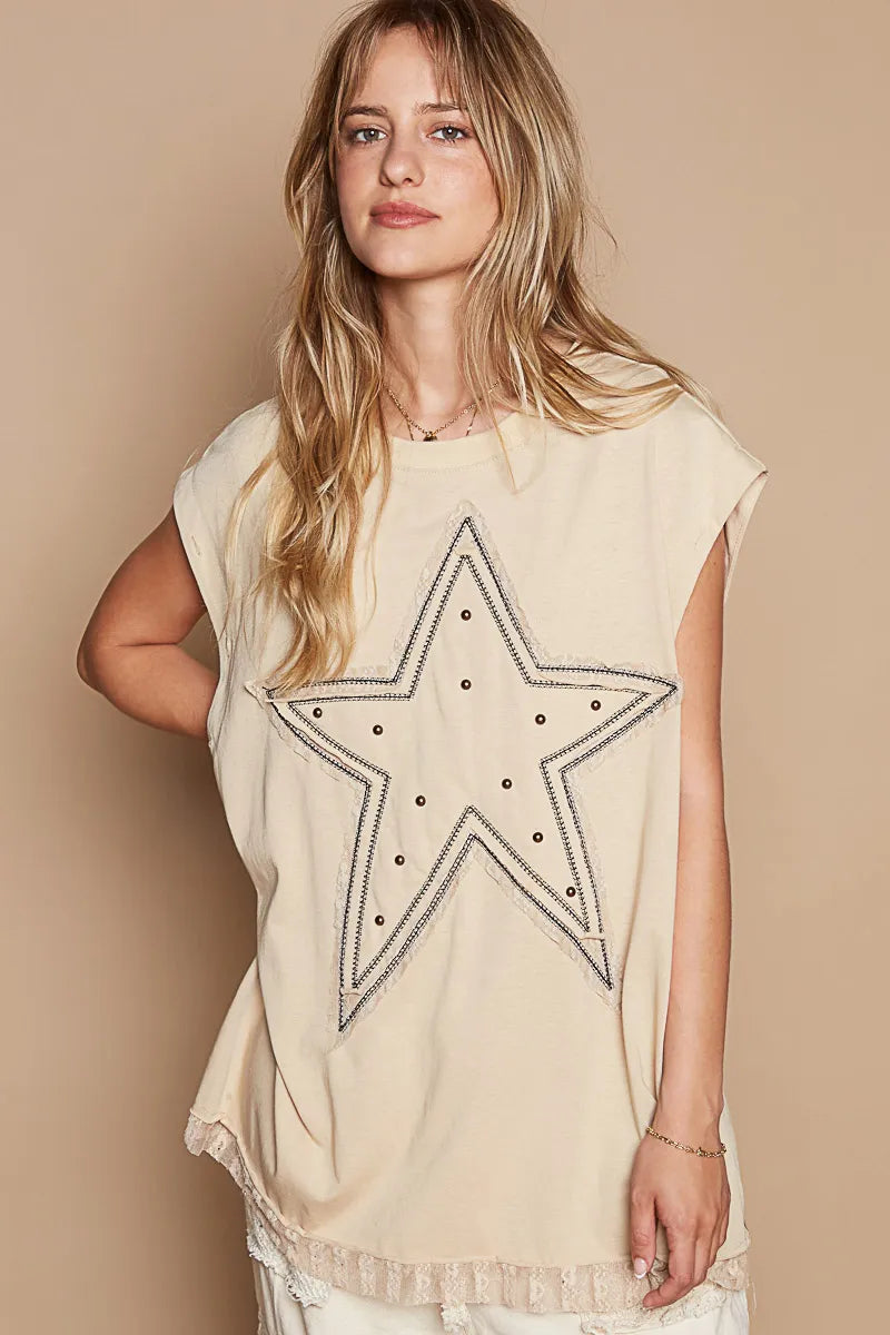POL Star Patch Studded Sleeveless T-Shirt with Lace Hem OutfitFlow