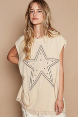 POL Star Patch Studded Sleeveless T-Shirt with Lace Hem OutfitFlow