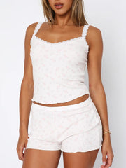 Lace Detail Scoop Neck Printed Cami and Shorts Set