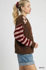 Umgee Flower Jacquard Striped Long Sleeve Sweater OutfitFlow