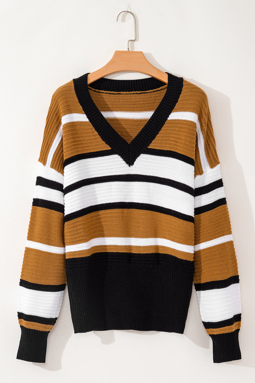 Outfit Flow - Contrast Stripes V Neck Long Sleeve Sweater