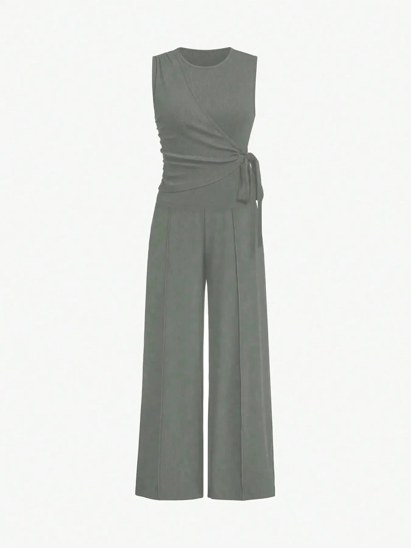 Round Neck Sleeveless Top and Pants Set Grey OutfitFlow