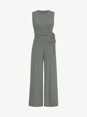 Round Neck Sleeveless Top and Pants Set Grey OutfitFlow