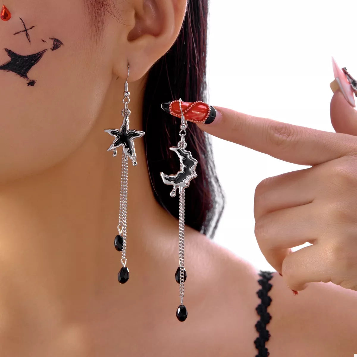 Star & Moon Chain Drop Earrings Silver One Size OutfitFlow