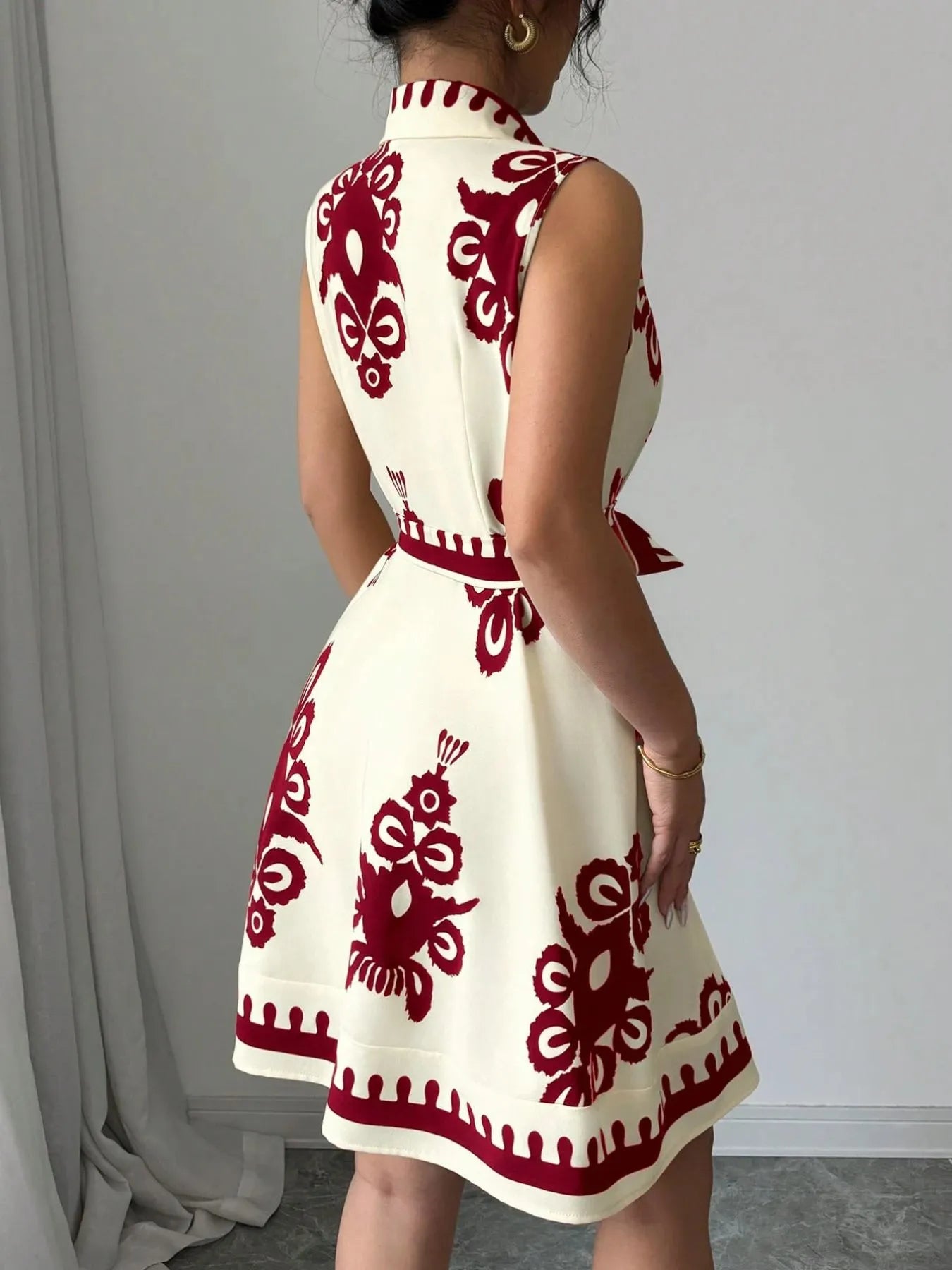 Printed Sleeveless Tie Waist Mini Dress OutfitFlow