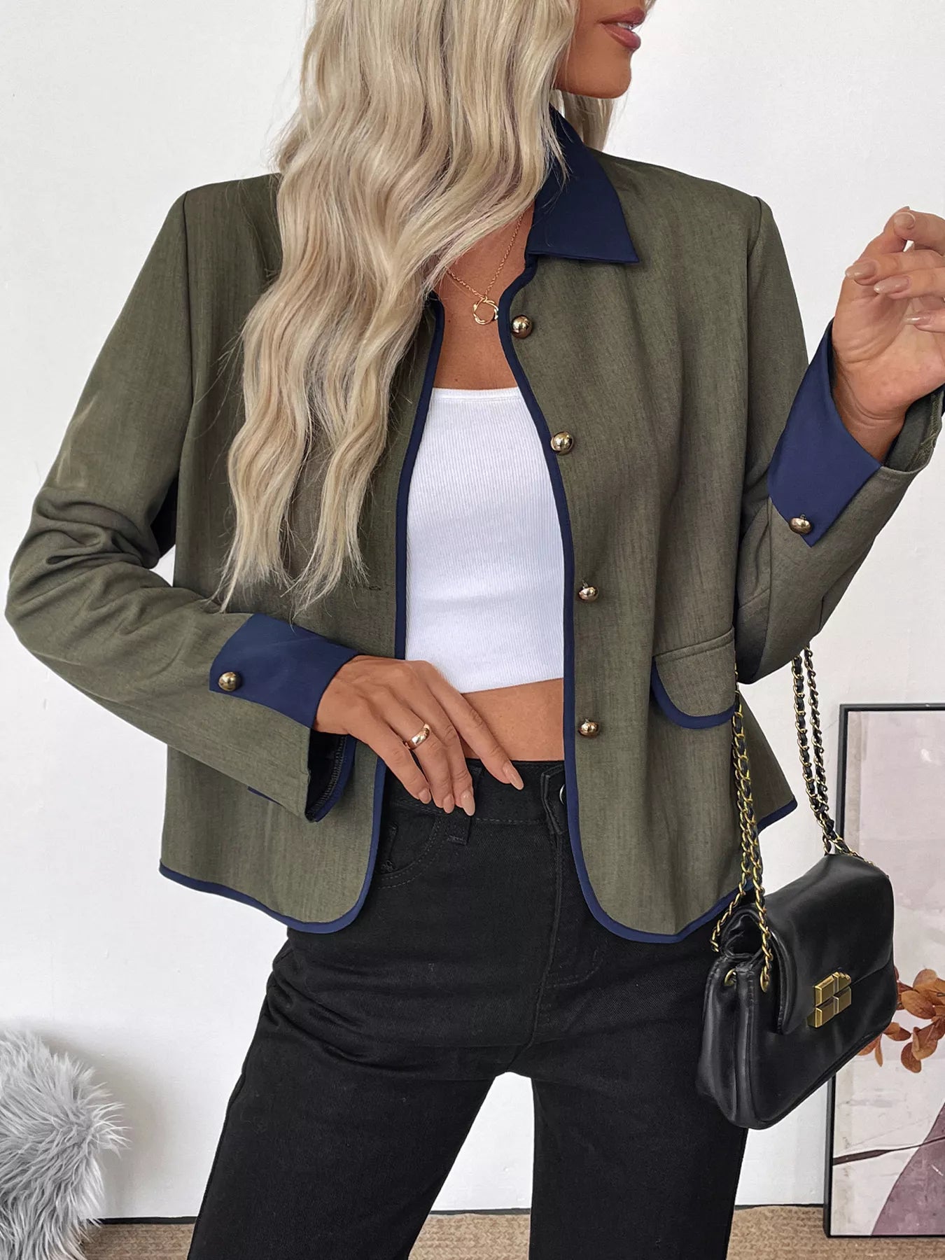 Contrast Trim Button-Up Jacket Trendsi