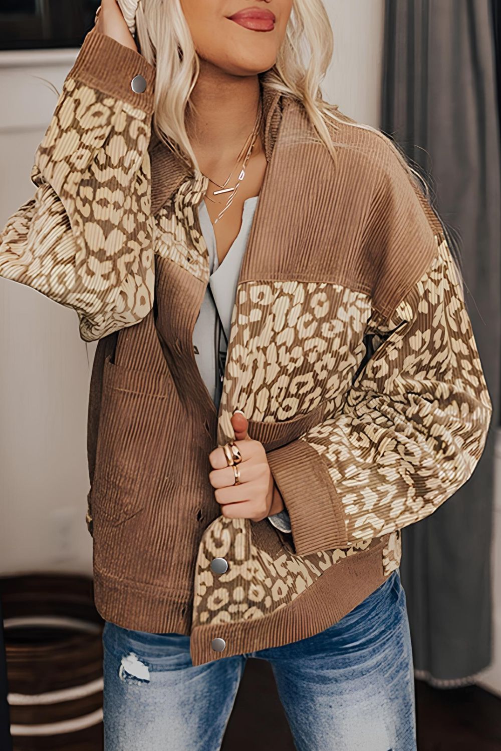 Leopard Button Up Drop Shoulder Jacket