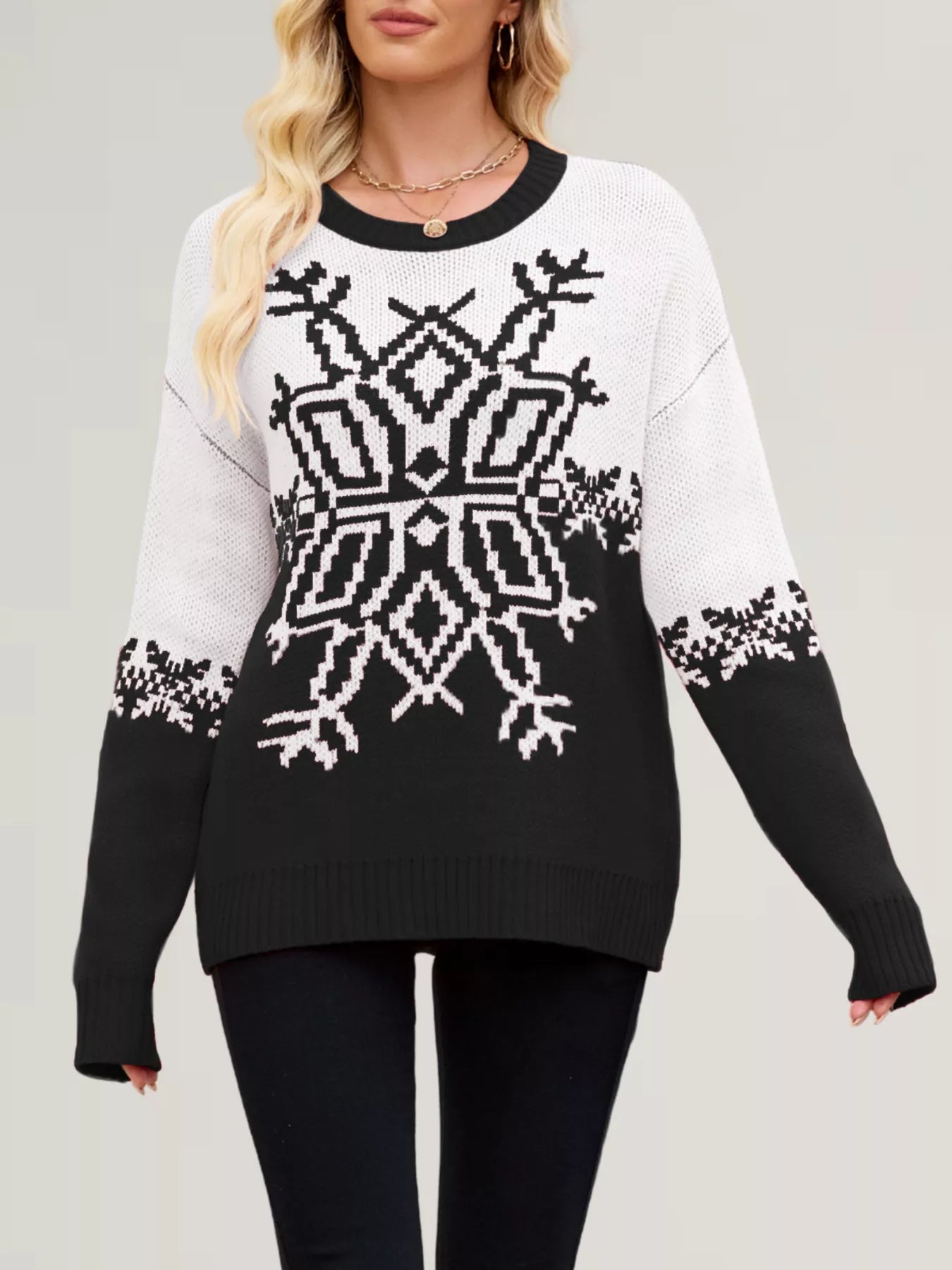 Christmas Snowflake Round Neck Sweater OutfitFlow