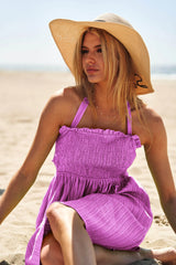 Davi & Dani Smocking Halter Neck Tie Open Back Mini Dress OutfitFlow