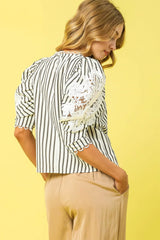 Umgee Striped Lace Puff Sleeve Blouse OutfitFlow