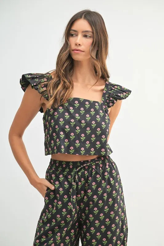 MABLE Floral Print Ruffle Top and Pants Set OutfitFlow