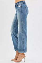 RISEN Full Size Mid Rise Crop Straight Jeans with Taylor Cuffed Plus Size OutfitFlow