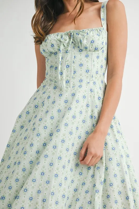 MABLE Floral Print Bustier Back Lace Up Midi Dress OutfitFlow