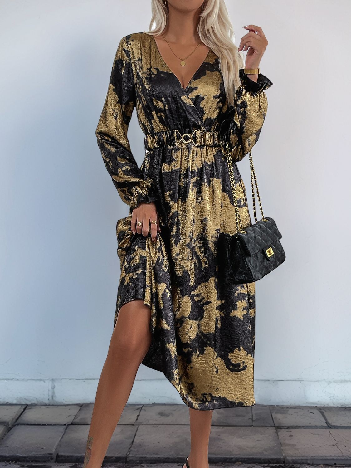 Outfit Flow - Perfee Printed Surplice Long Sleeve Midi Dress