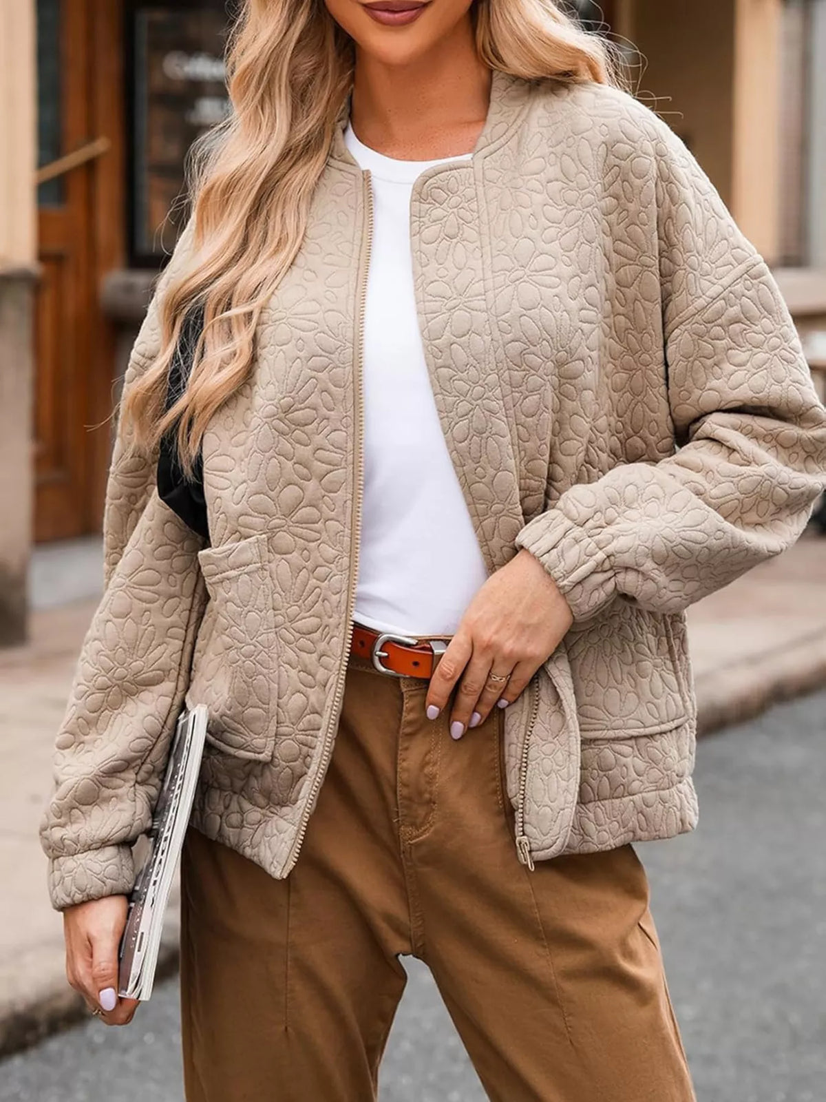 Full Size Floral Quilted Zip Up Jacket Plus Size Khaki Trendsi