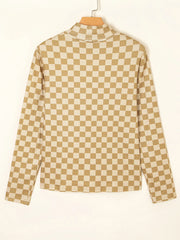 Check Pattern Turtleneck Slim Long Sleeve Tee OutfitFlow