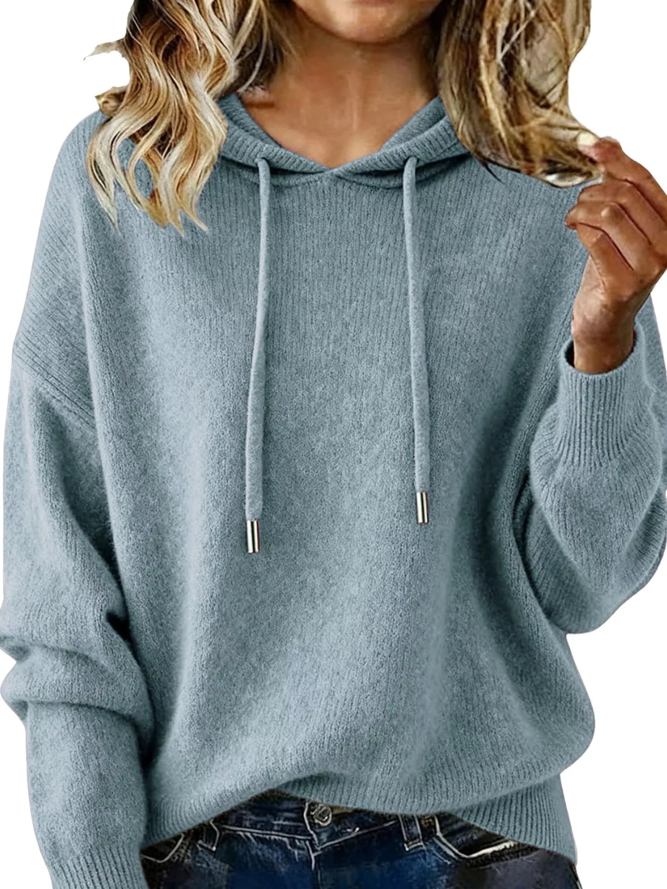 Drawstring Long Sleeve Hooded Sweater Air Force Blue Trendsi