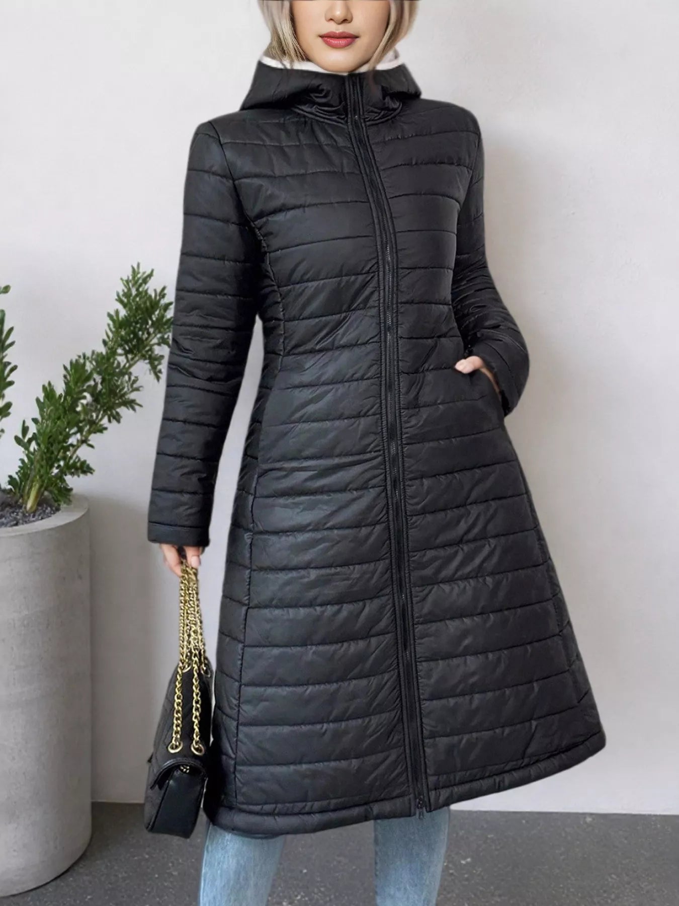 Zip Up Quilted Hooded Puffer Coat Trendsi